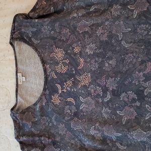 Avenue, 26/28, grey floral/animal print tunic with rose gold embellishment.